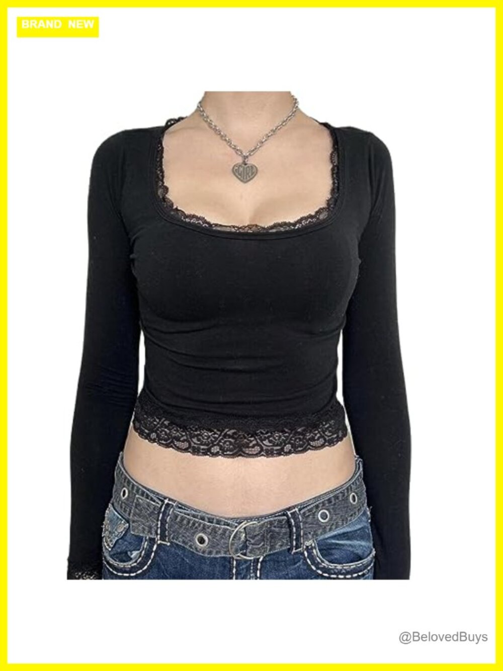 Women Y2K Vintage Long Sleeve Crop Top Lace Trim Square Neck Polyester Tee